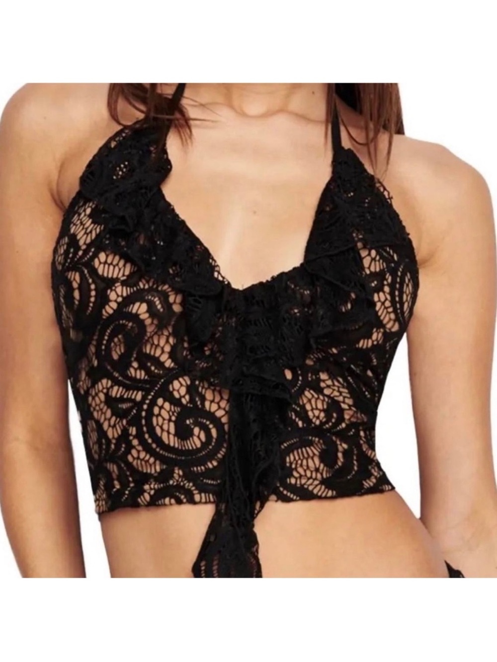 I.AM.GIA Black Lace Halter Crop Cami